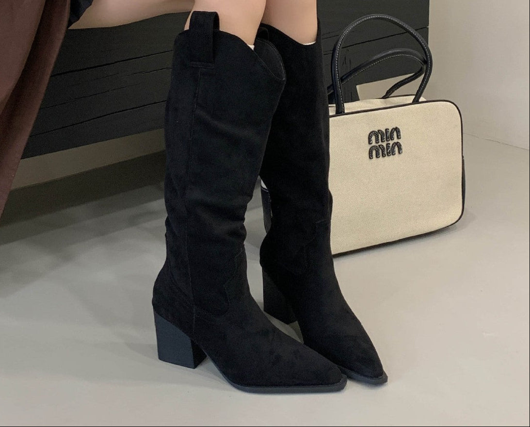 Women's Vintage Western Cowboy Boots | Suede Pointed Toe Chunky Heel Slip-On