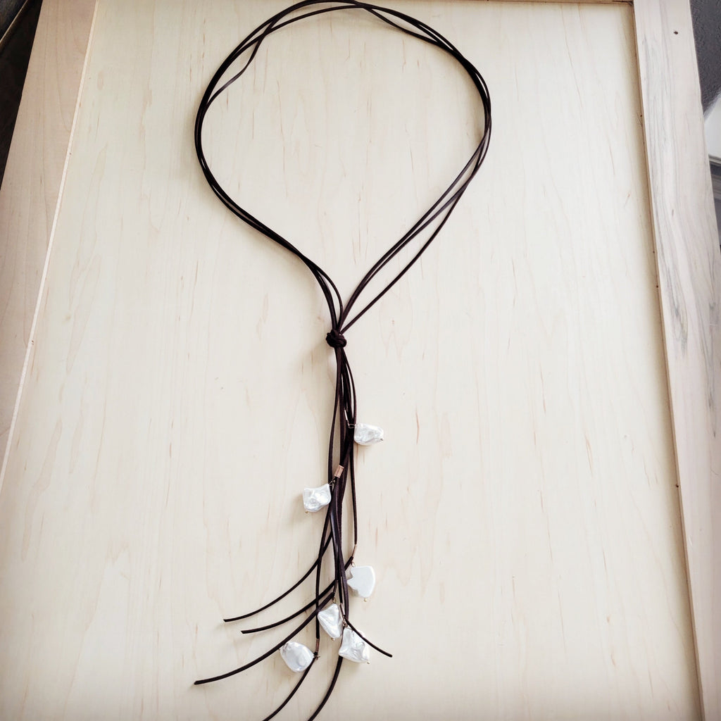 **Dark Brown Boho Knotted Leather Cord Necklace w/ Pearls 263w