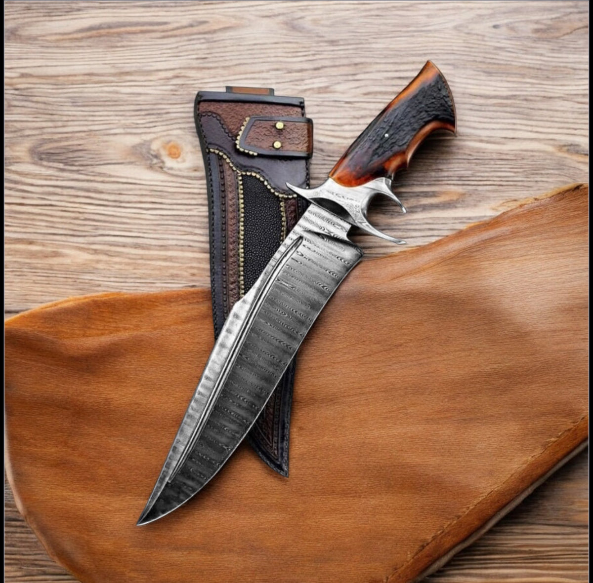 Custom Bowie Knife – 14" Handmade Damascus Steel with Stag Horn Handle