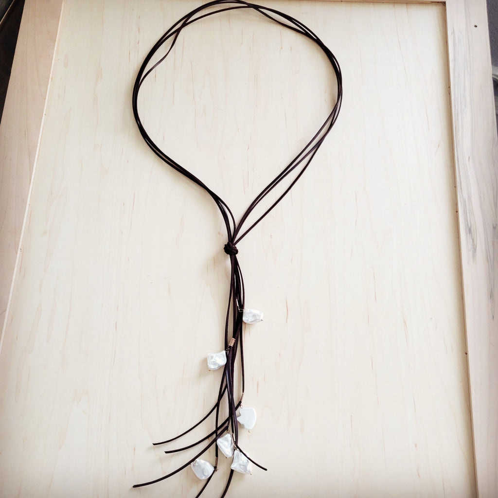 **Dark Brown Boho Knotted Leather Cord Necklace w/ Pearls 263w