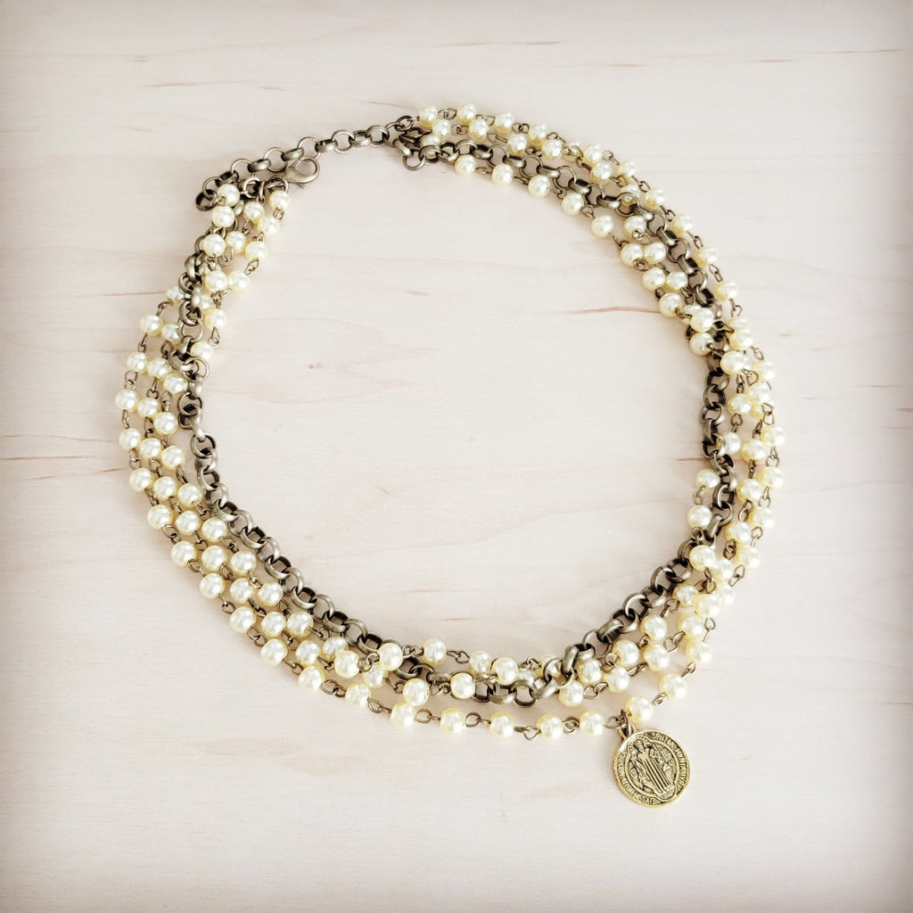 **Champagne Pearl Beaded Collar Necklace w/ Pendant 263x