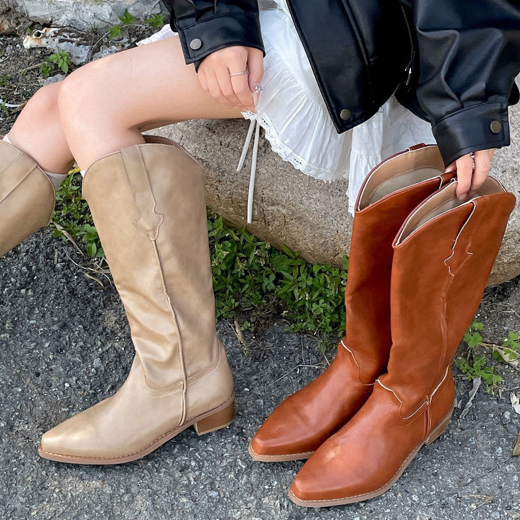 Women's Retro Western Cowboy Boots - Chunky Heel Pointed Toe Mid-Calf Boots with Side Zipper