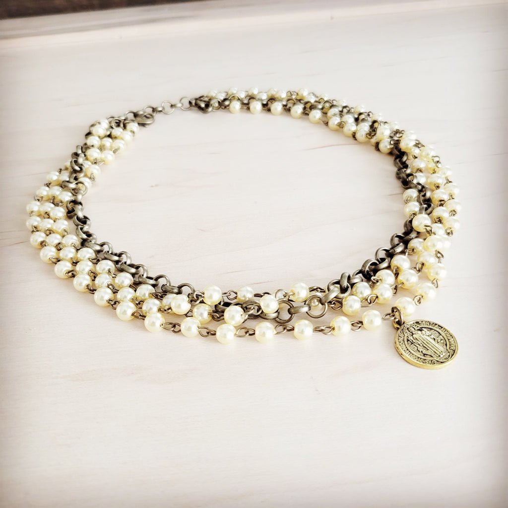 **Champagne Pearl Beaded Collar Necklace w/ Pendant 263x