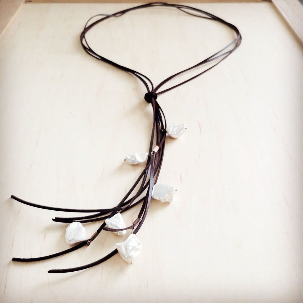 **Dark Brown Boho Knotted Leather Cord Necklace w/ Pearls 263w