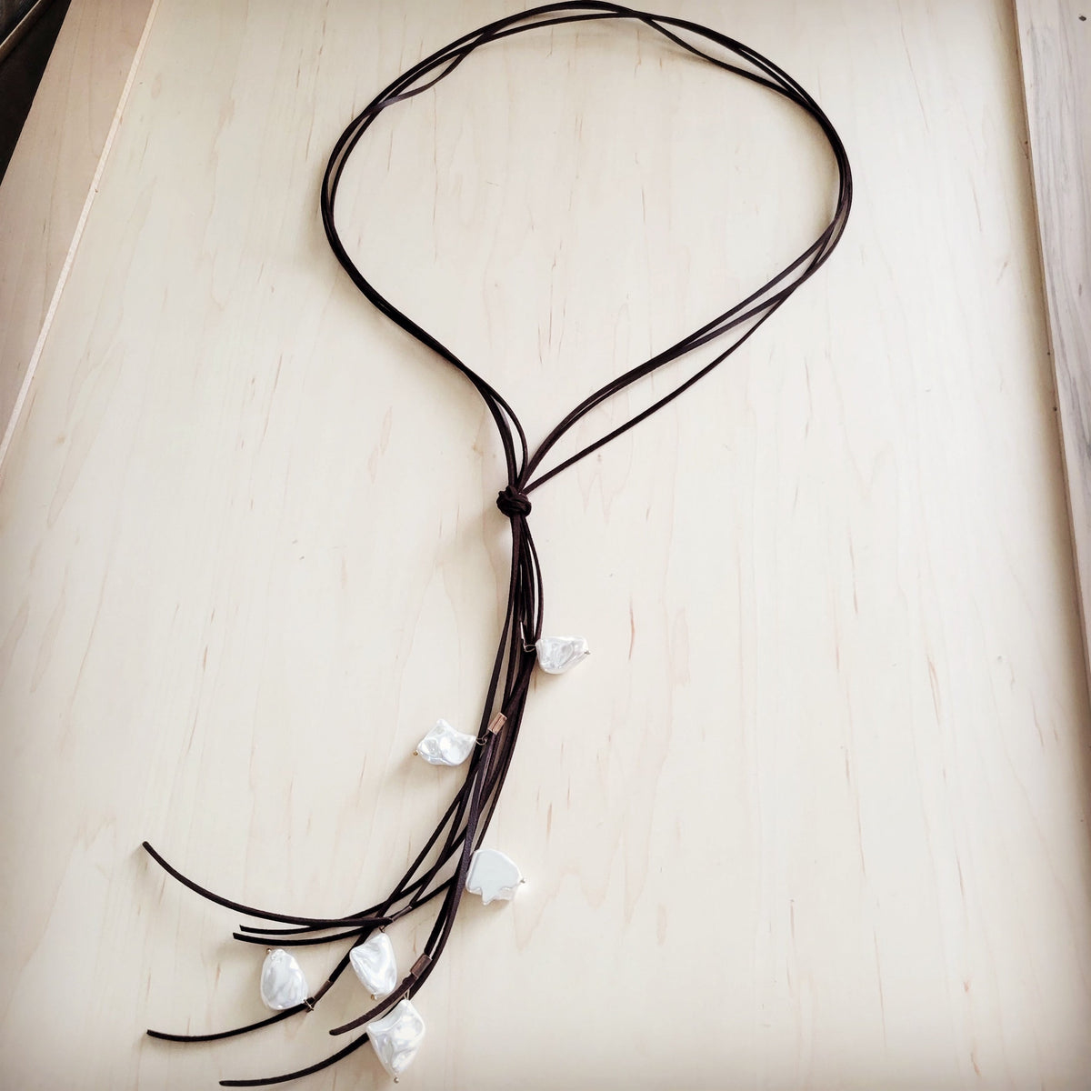 **Dark Brown Boho Knotted Leather Cord Necklace w/ Pearls 263w