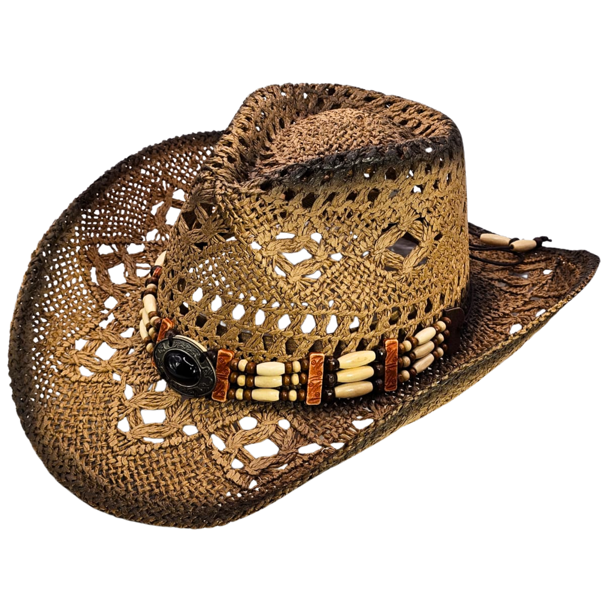 Straw Cowgirl Hat | Handmade Beaded Crown with Turquoise-stone Detail