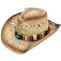 Straw Cowgirl Hat | Handmade Beaded Crown with Turquoise-stone Detail