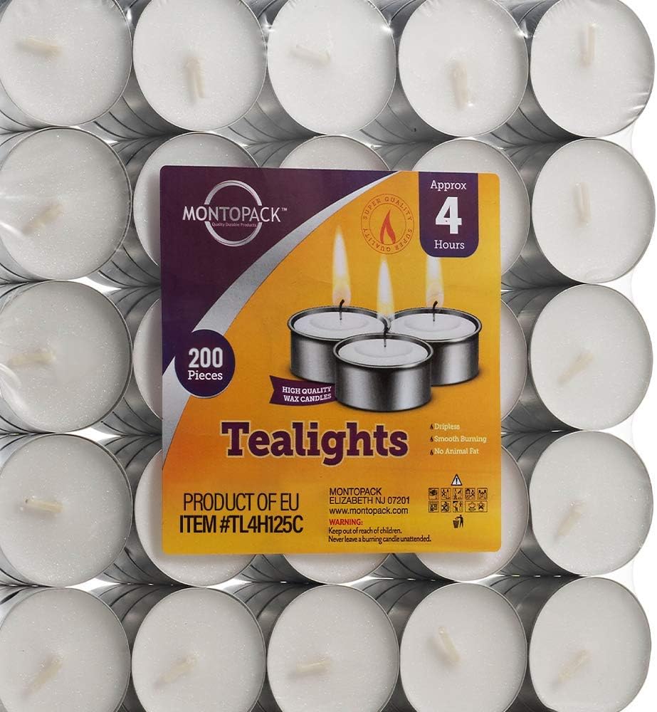 MontoPack Unscented Tea Light Candles 100 Pack | 4 hours, White, Smokeless, Dripless Small Votive Paraffin Tealights | Long-Lasting for Home, Shabbat, Weddings, Events, Emergencies | Mini Candles Bulk
