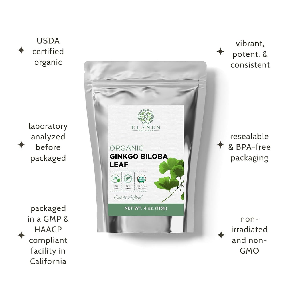 Organic Dried Ginkgo Biloba Leaves 4 oz (113g), USDA Certified Organic Ginkgo Leaf Herb Tea, Ginko Biloba Tea, Gingko, Cut and Sifted