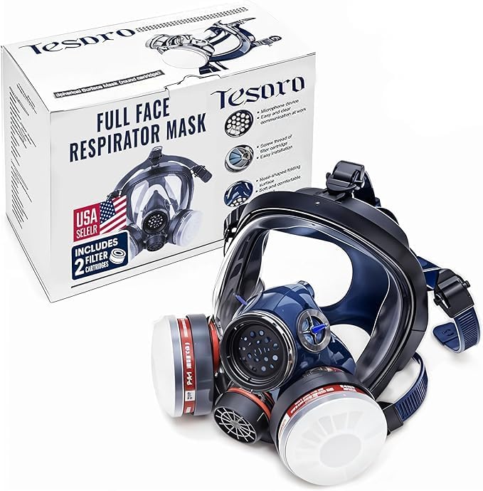 Full Face Organic Vapor Respirator - with Anti-Fog Heavy Duty Lens & Adjustable - Chemical, & Particulate Respirator. Includes 2 Filter Cartridges - Industrial Grade