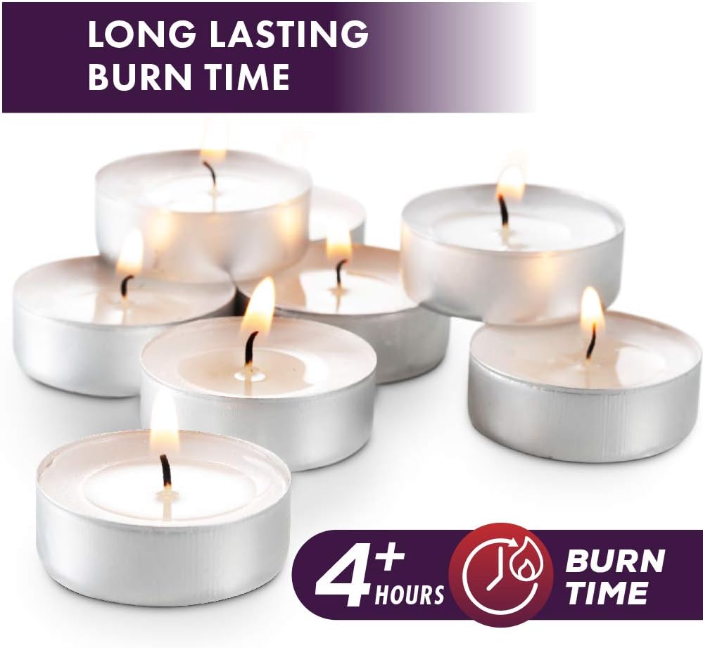 MontoPack Unscented Tea Light Candles 100 Pack | 4 hours, White, Smokeless, Dripless Small Votive Paraffin Tealights | Long-Lasting for Home, Shabbat, Weddings, Events, Emergencies | Mini Candles Bulk