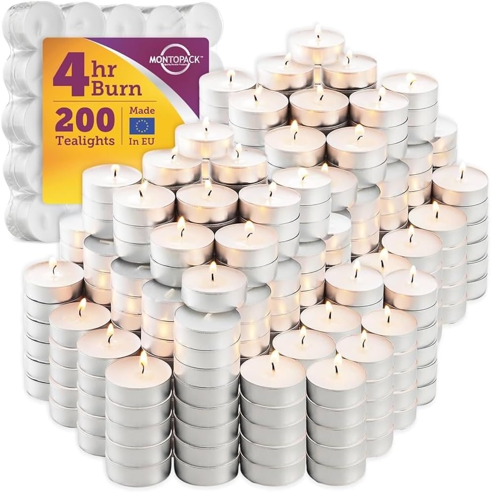 MontoPack Unscented Tea Light Candles 100 Pack | 4 hours, White, Smokeless, Dripless Small Votive Paraffin Tealights | Long-Lasting for Home, Shabbat, Weddings, Events, Emergencies | Mini Candles Bulk