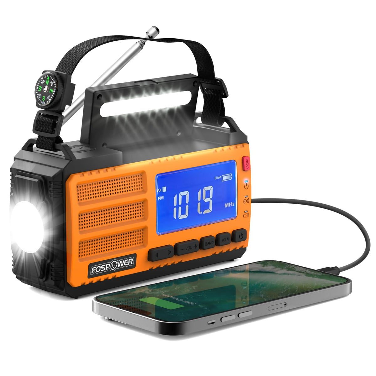 FosPower NOAA Emergency Weather Radio A1 7400mWh Solar Hand Crank (Orange)