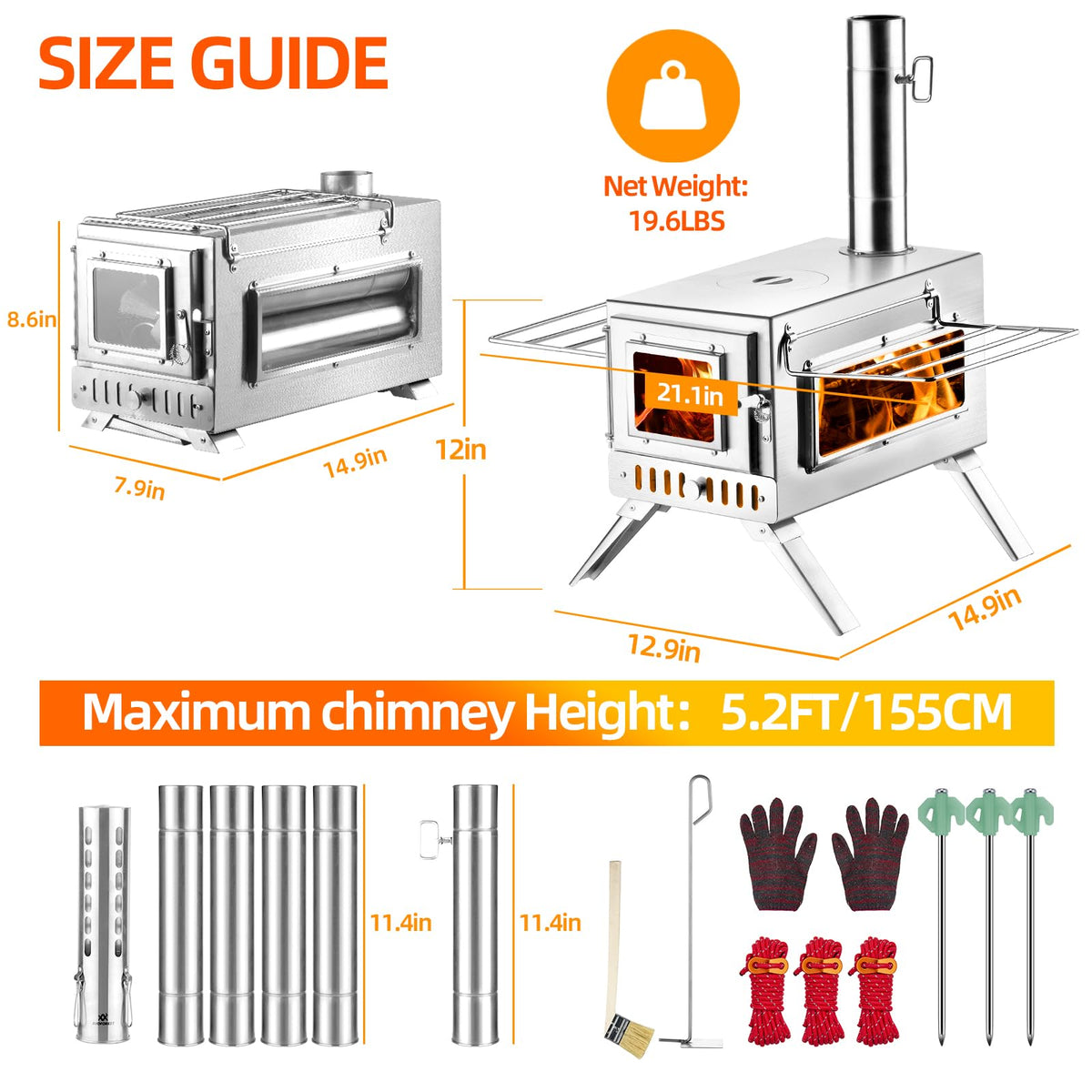Hot Tent Stove,AVOFOREST Wood Burning Stove,Small Wood Stove with 7 Stainless Chimney Pipes for Outdoor Heating & Cooking, Ice Fishing, Hunting
