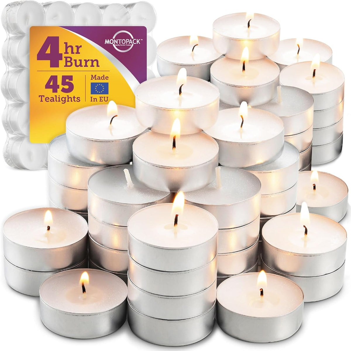MontoPack Unscented Tea Light Candles 100 Pack | 4 hours, White, Smokeless, Dripless Small Votive Paraffin Tealights | Long-Lasting for Home, Shabbat, Weddings, Events, Emergencies | Mini Candles Bulk