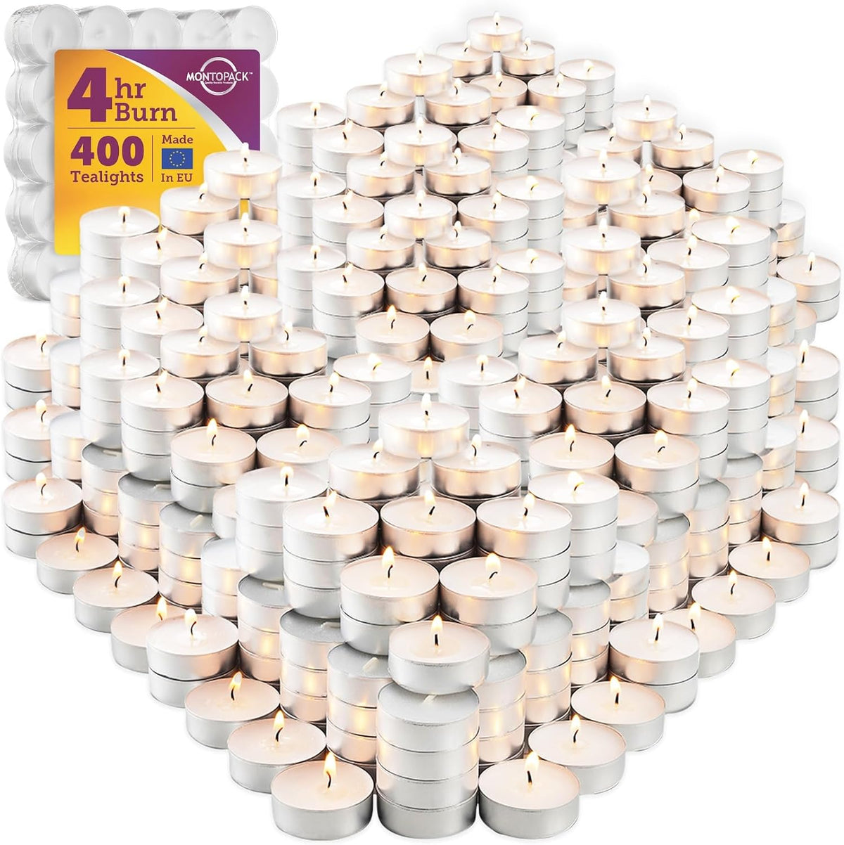 MontoPack Unscented Tea Light Candles 100 Pack | 4 hours, White, Smokeless, Dripless Small Votive Paraffin Tealights | Long-Lasting for Home, Shabbat, Weddings, Events, Emergencies | Mini Candles Bulk