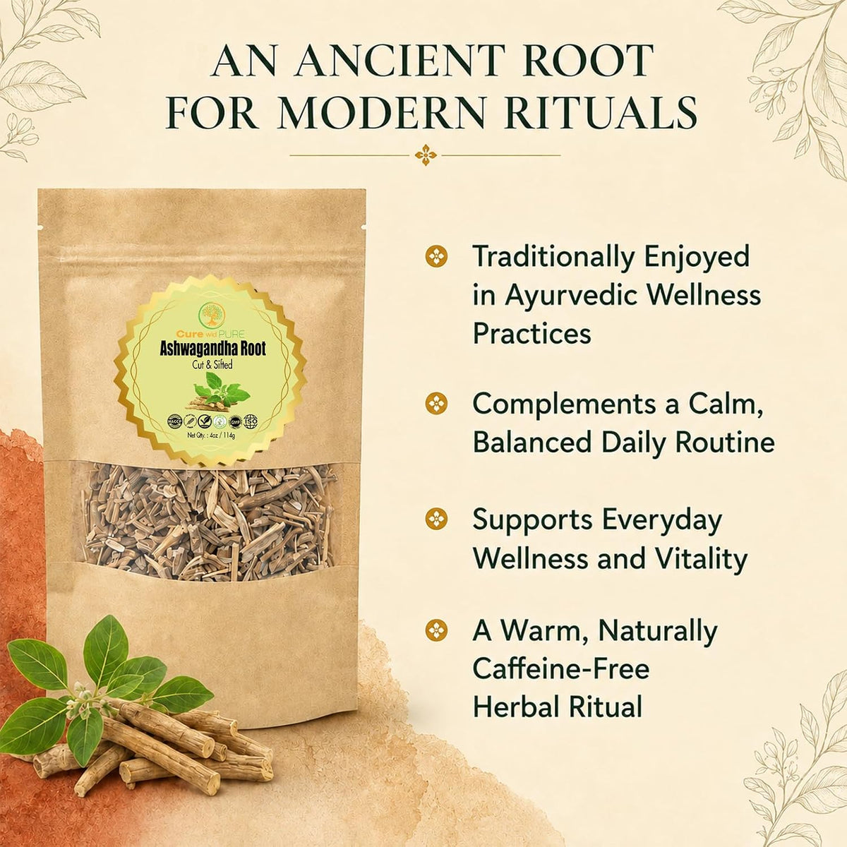 Cure wid Pure Organic Ashwagandha Root 4oz Cut & Sifted Ashwagandha Tea