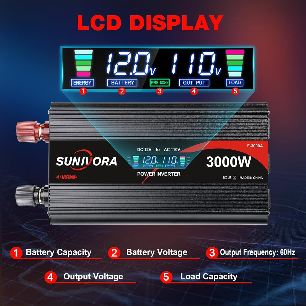 3000W Power Inverter 12V DC to 110V/120V AC Converter 6000W Peak