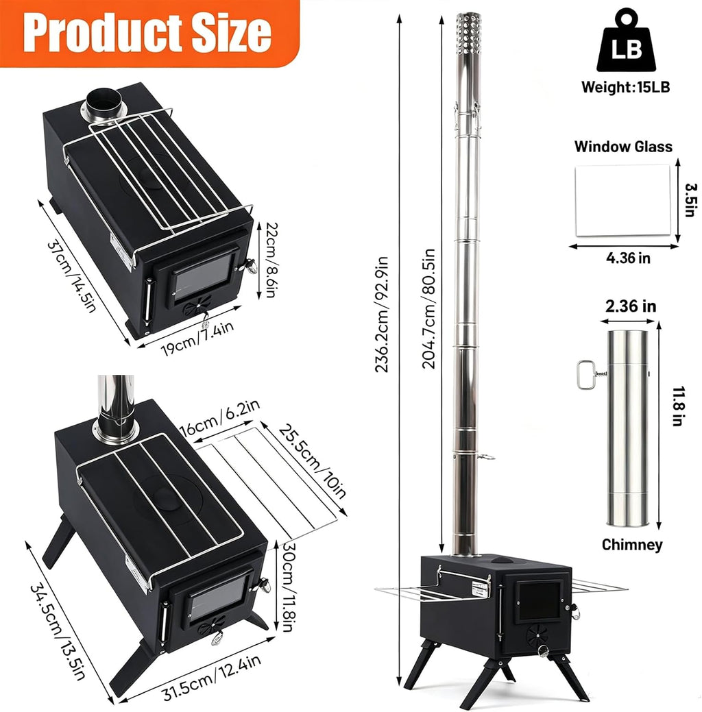 Hot Tent Stove,AVOFOREST Wood Burning Stove,Small Wood Stove with 7 Stainless Chimney Pipes for Outdoor Heating & Cooking, Ice Fishing, Hunting