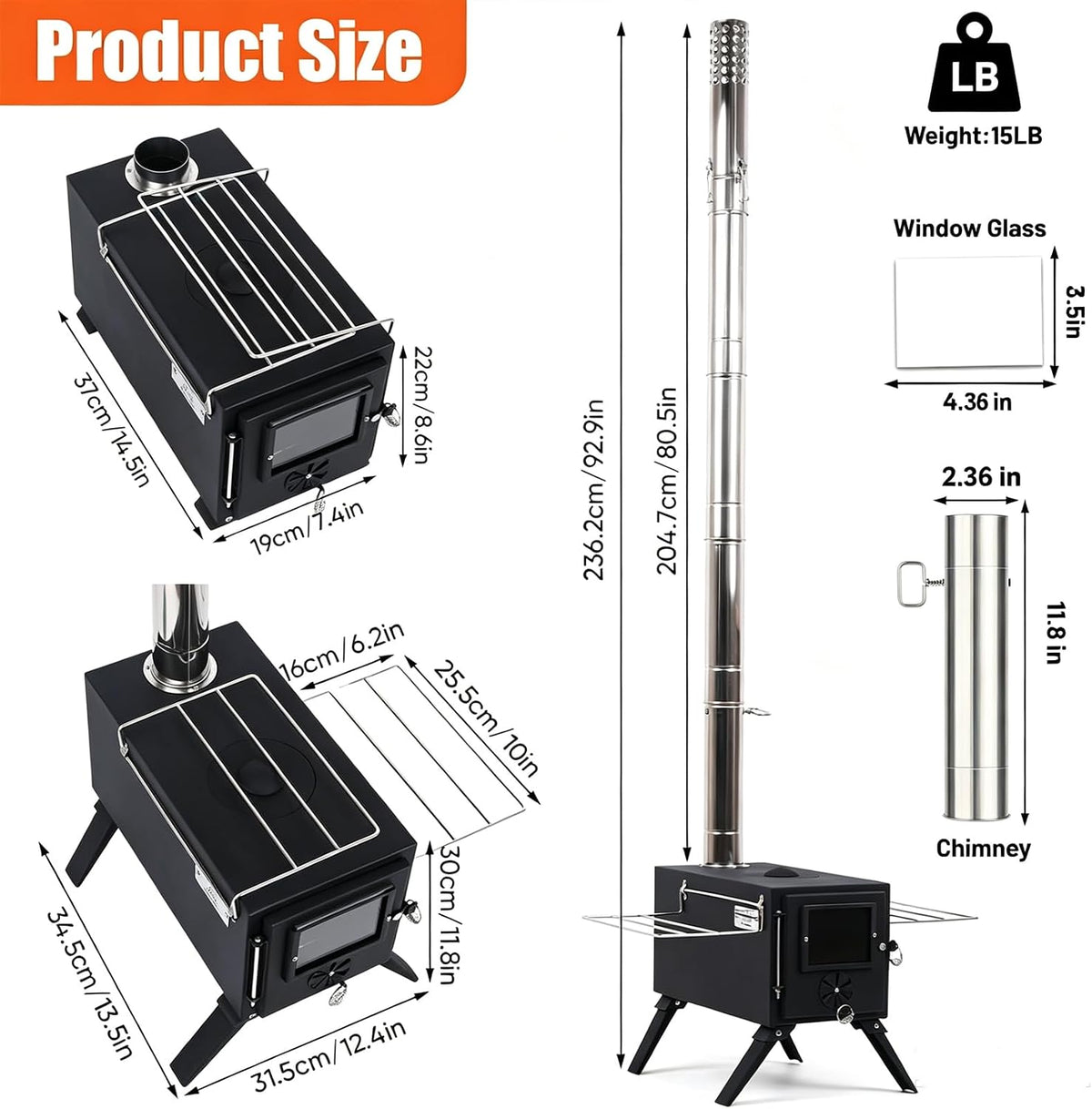 Hot Tent Stove,AVOFOREST Wood Burning Stove,Small Wood Stove with 7 Stainless Chimney Pipes for Outdoor Heating & Cooking, Ice Fishing, Hunting