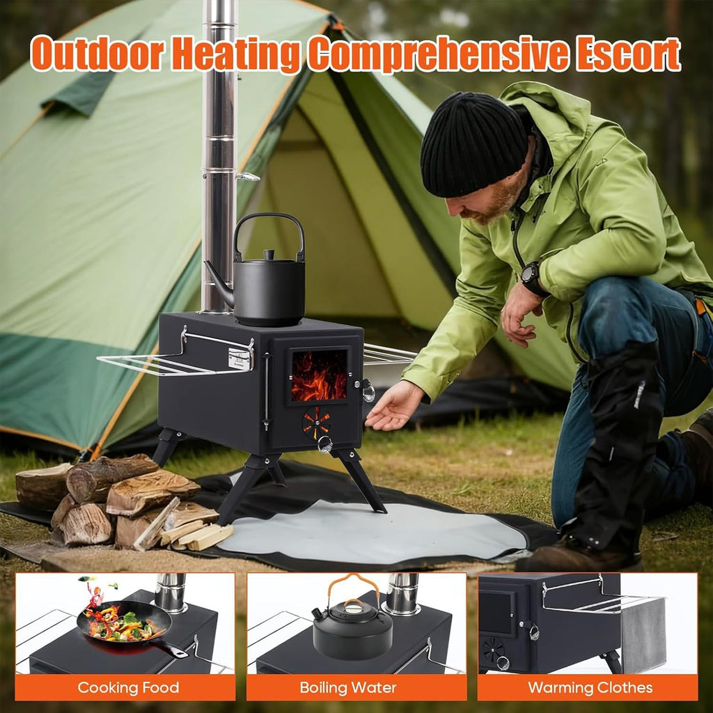 Hot Tent Stove,AVOFOREST Wood Burning Stove,Small Wood Stove with 7 Stainless Chimney Pipes for Outdoor Heating & Cooking, Ice Fishing, Hunting
