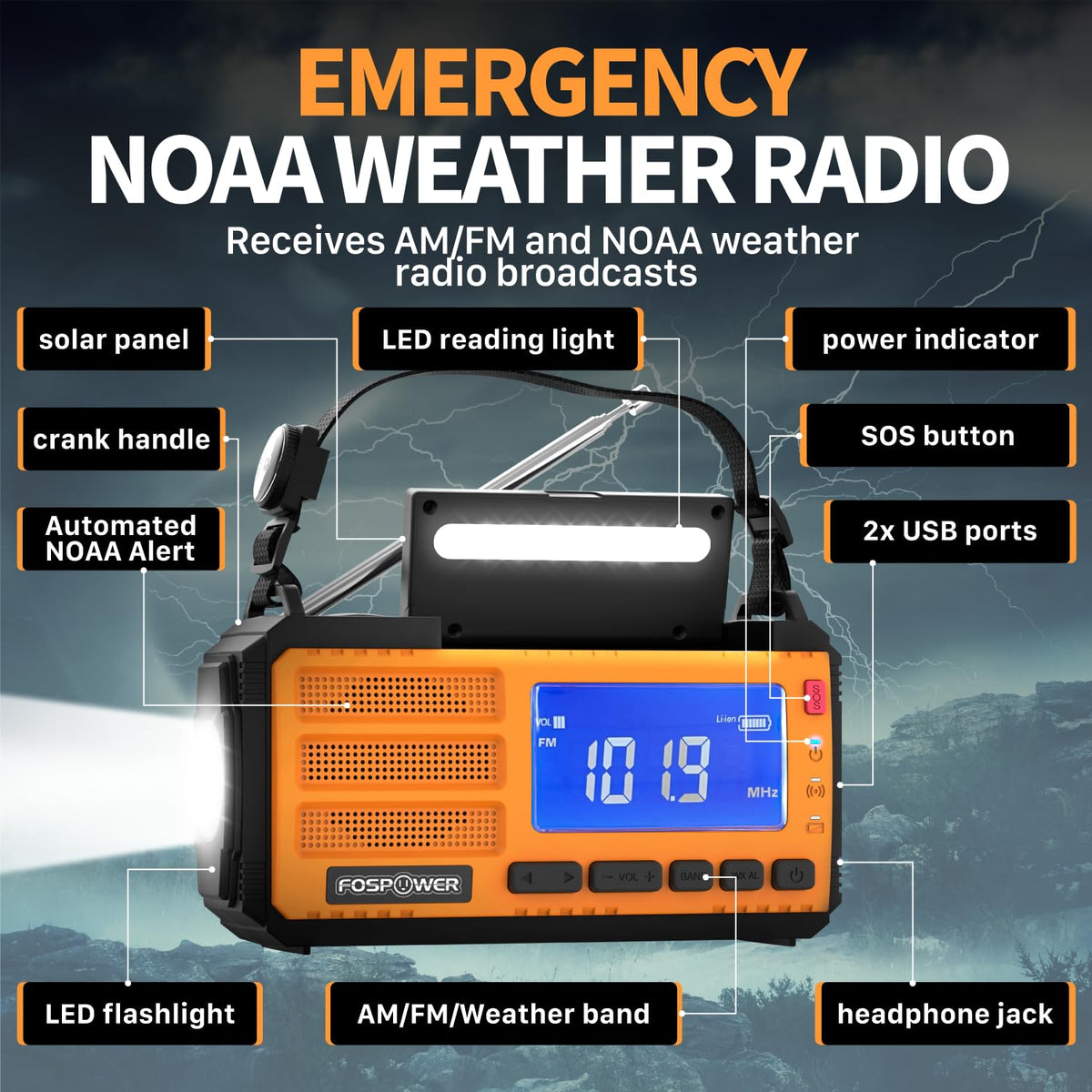 FosPower NOAA Emergency Weather Radio A1 7400mWh Solar Hand Crank (Orange)