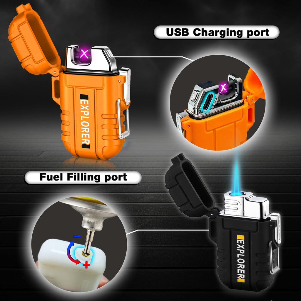 2 Pack Waterproof Lighter Outdoor Windproof Torch Lighters Dual Arc Butane Electric Lighters USB Rechargeable Lighters Flameless Plasma Lighter Camping Hiking Adventure Survival Tactical Gear