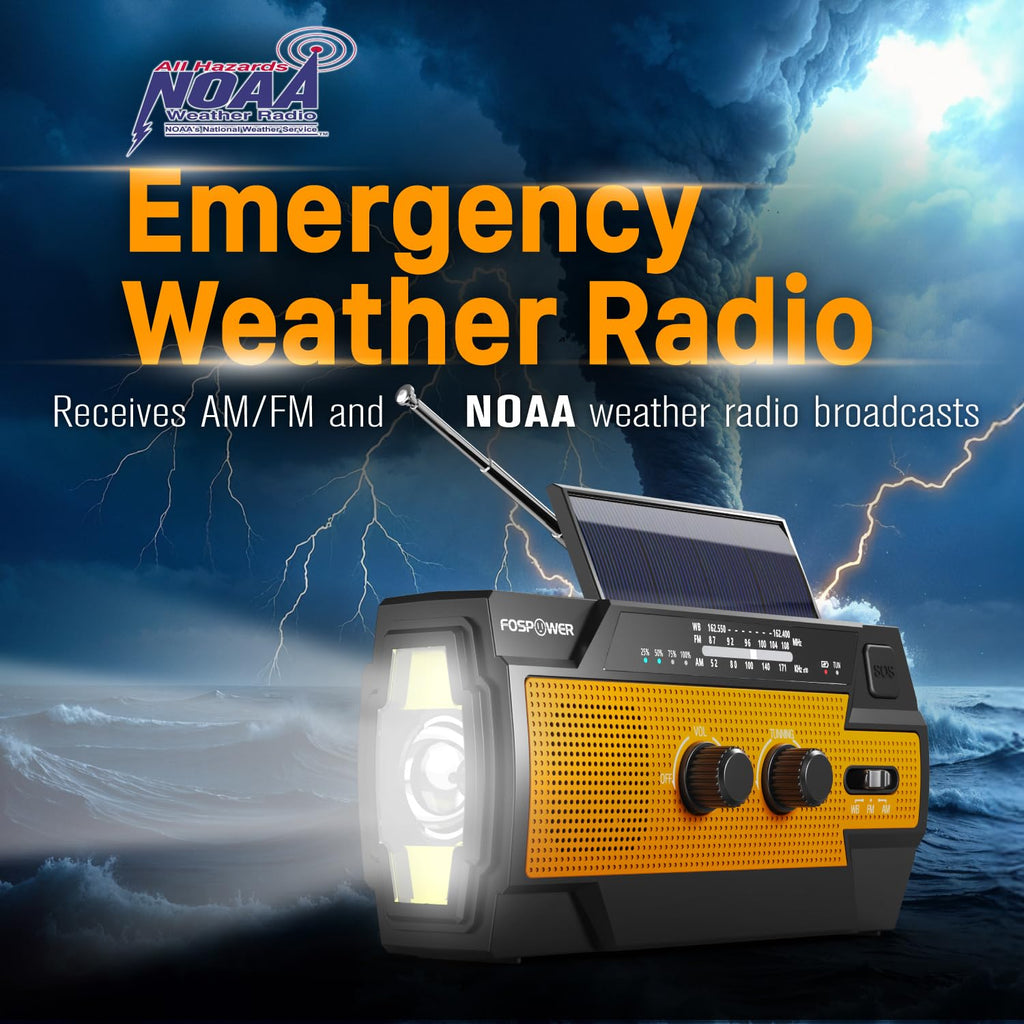 FosPower NOAA Emergency Weather Radio A1 7400mWh Solar Hand Crank (Orange)