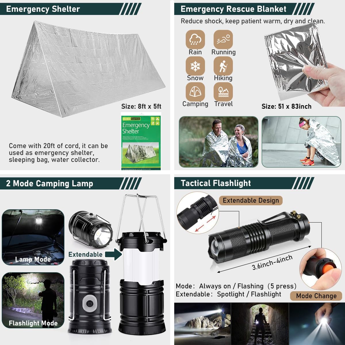 Survival Kit, 262 Piece Survival Gear and Supplies with First Aid Kit Pouch and Crossbody Bag