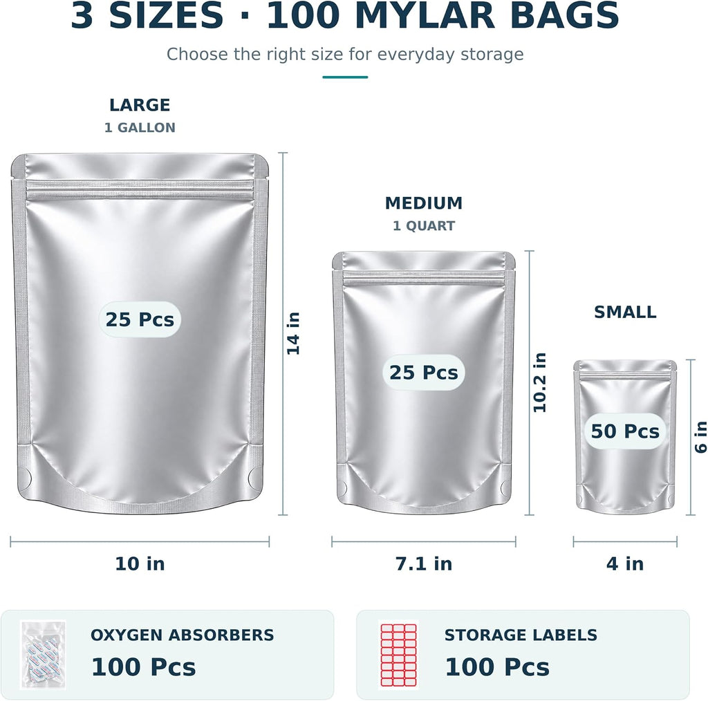 100 Mylar Bags with Oxygen Absorbers and Labels, 3 Sizes for Food Storage