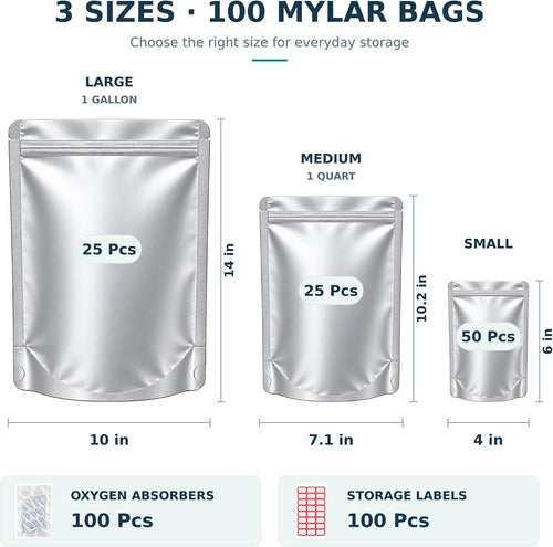 100 Mylar Bags with Oxygen Absorbers and Labels, 3 Sizes for Food Storage