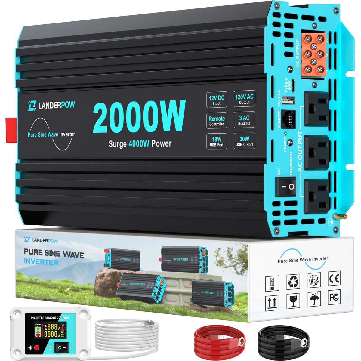 3000W Pure Sine Wave Inverter 12V DC to 120V AC 6000W Peak for RV