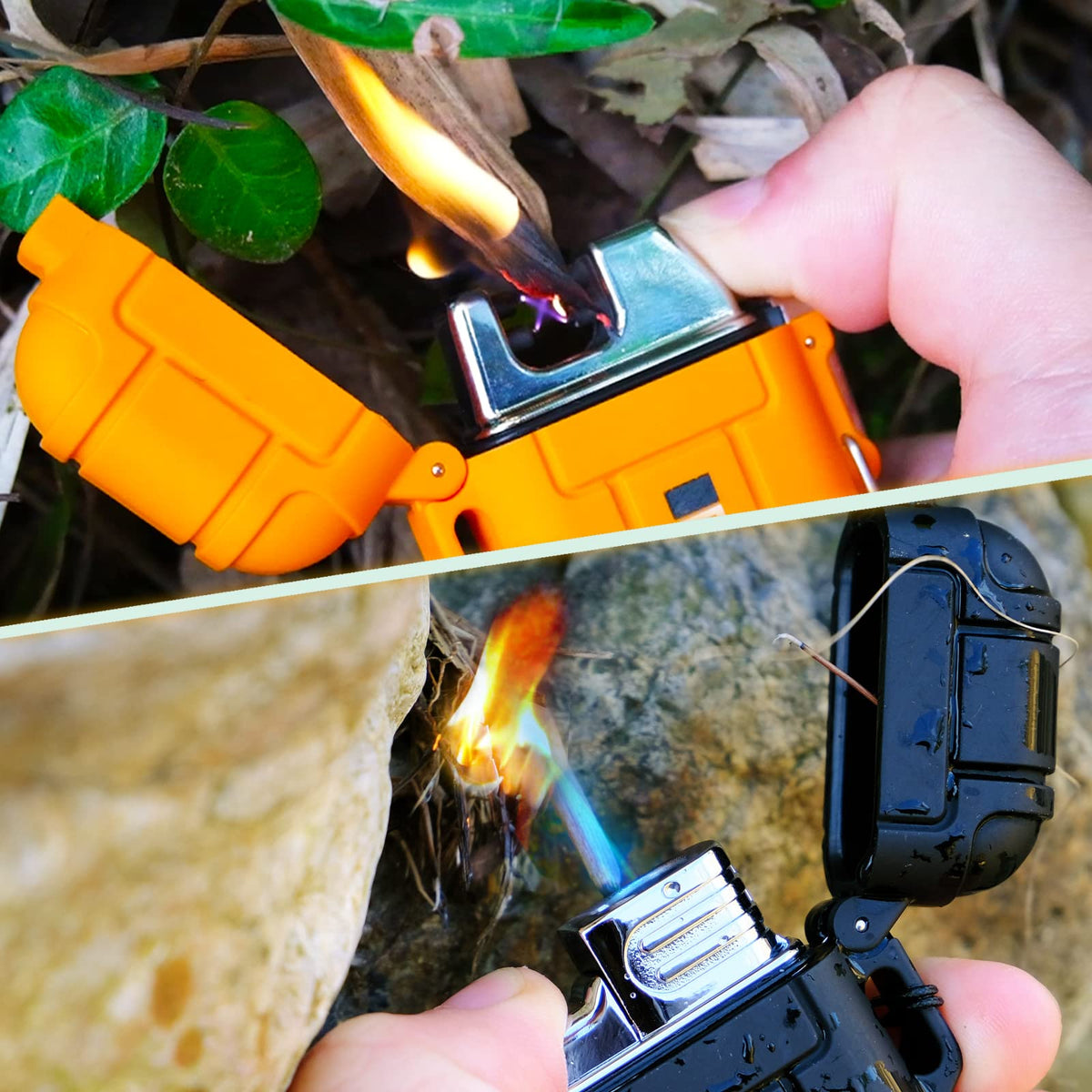 2 Pack Waterproof Lighter Outdoor Windproof Torch Lighters Dual Arc Butane Electric Lighters USB Rechargeable Lighters Flameless Plasma Lighter Camping Hiking Adventure Survival Tactical Gear