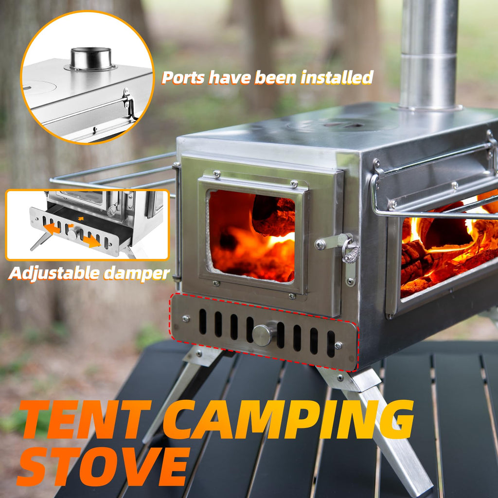 Hot Tent Stove,AVOFOREST Wood Burning Stove,Small Wood Stove with 7 Stainless Chimney Pipes for Outdoor Heating & Cooking, Ice Fishing, Hunting