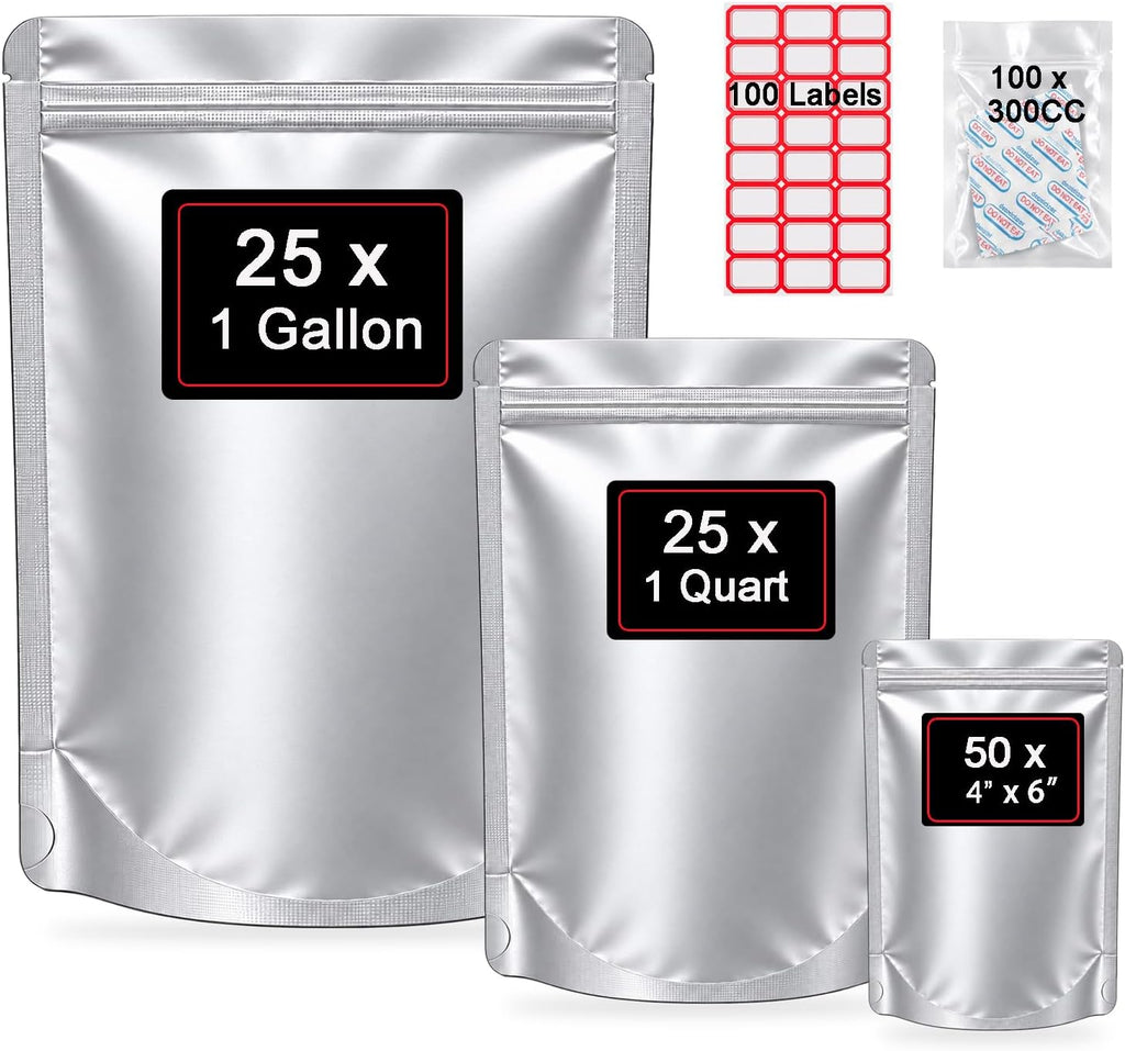 100 Mylar Bags with Oxygen Absorbers and Labels, 3 Sizes for Food Storage