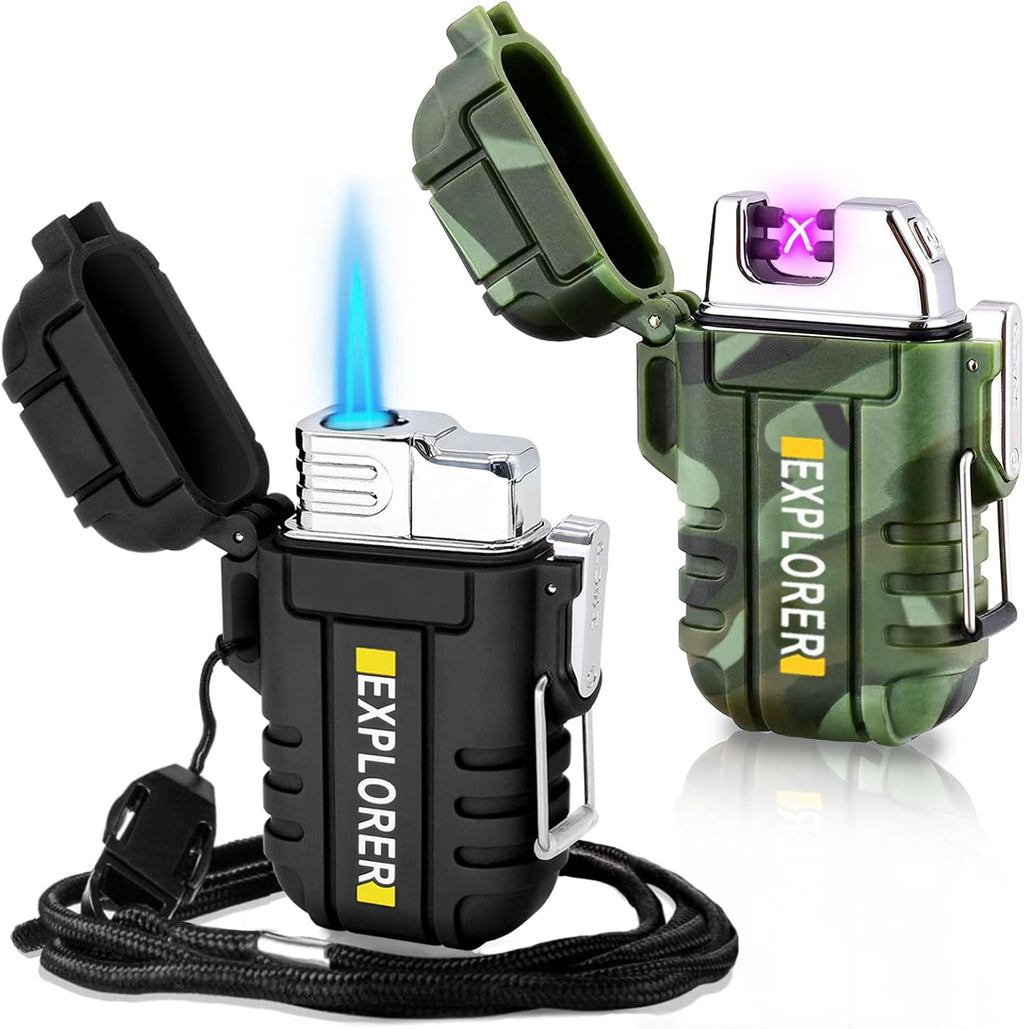 2 Pack Waterproof Lighter Outdoor Windproof Torch Lighters Dual Arc Butane Electric Lighters USB Rechargeable Lighters Flameless Plasma Lighter Camping Hiking Adventure Survival Tactical Gear