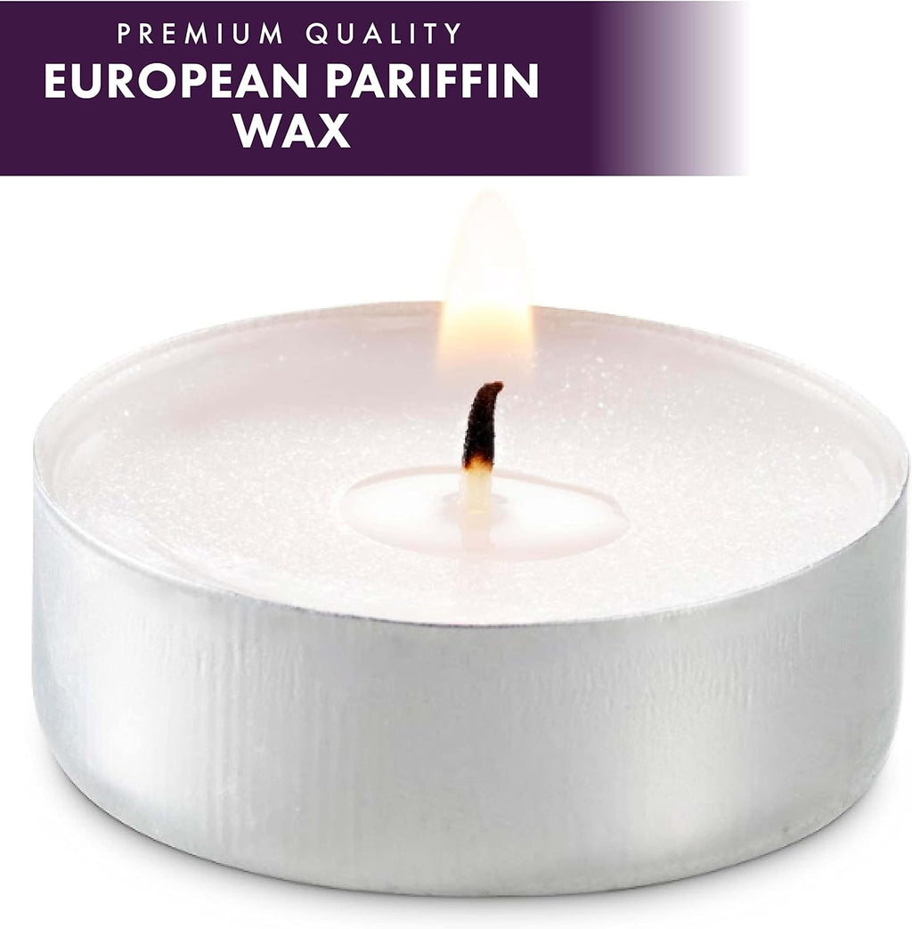 MontoPack Unscented Tea Light Candles 100 Pack | 4 hours, White, Smokeless, Dripless Small Votive Paraffin Tealights | Long-Lasting for Home, Shabbat, Weddings, Events, Emergencies | Mini Candles Bulk