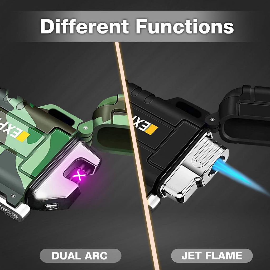 2 Pack Waterproof Lighter Outdoor Windproof Torch Lighters Dual Arc Butane Electric Lighters USB Rechargeable Lighters Flameless Plasma Lighter Camping Hiking Adventure Survival Tactical Gear
