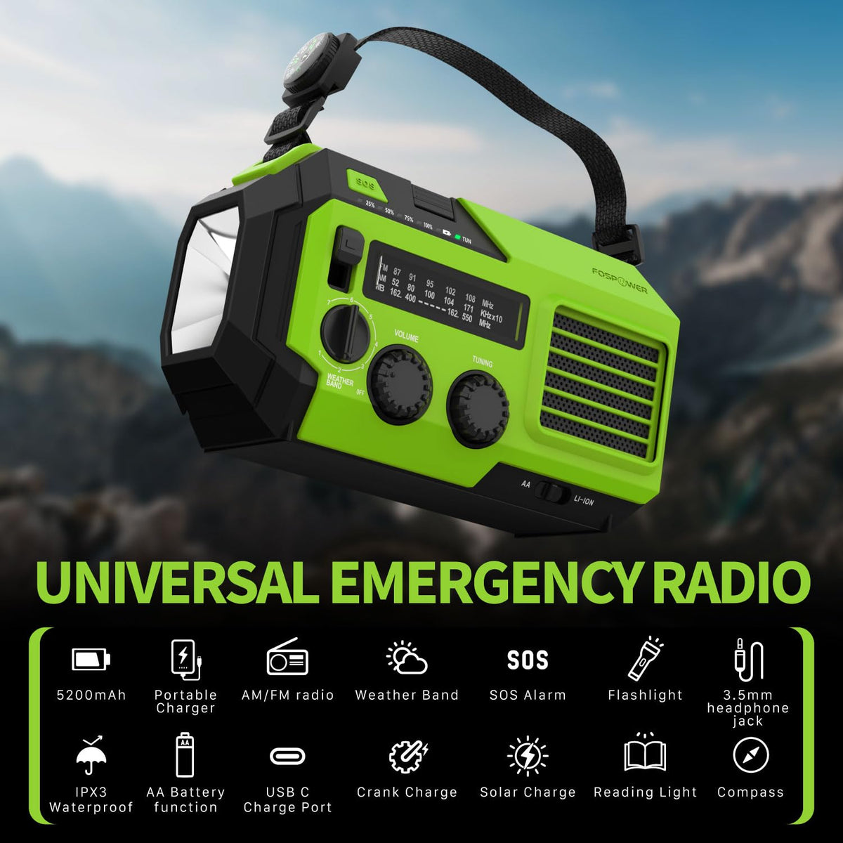 FosPower NOAA Emergency Weather Radio A1 7400mWh Solar Hand Crank (Orange)