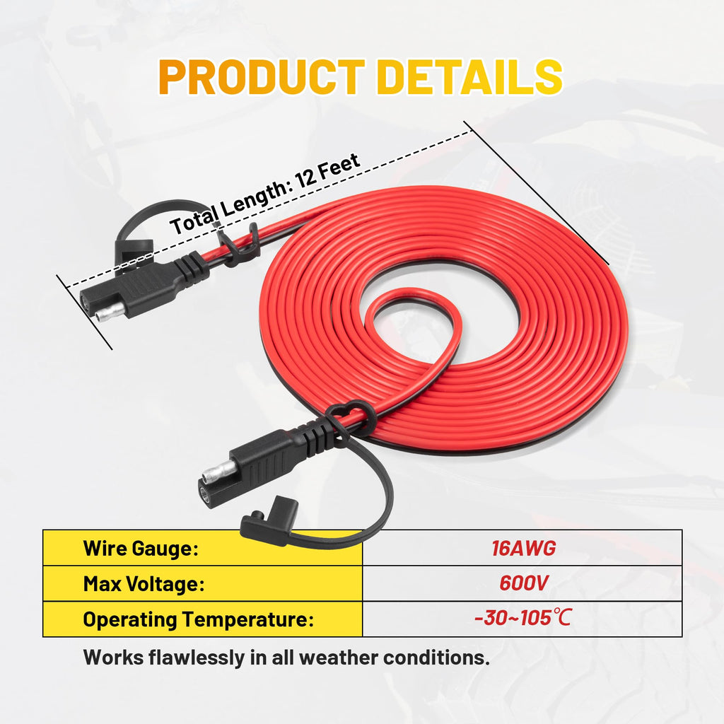 25FT Battery Charger SAE Extension Cable 16AWG, 2 Pin SAE Quick Connector for Solar Panel,Automotive,Charging, Trolling Motor with Reversing Adapter