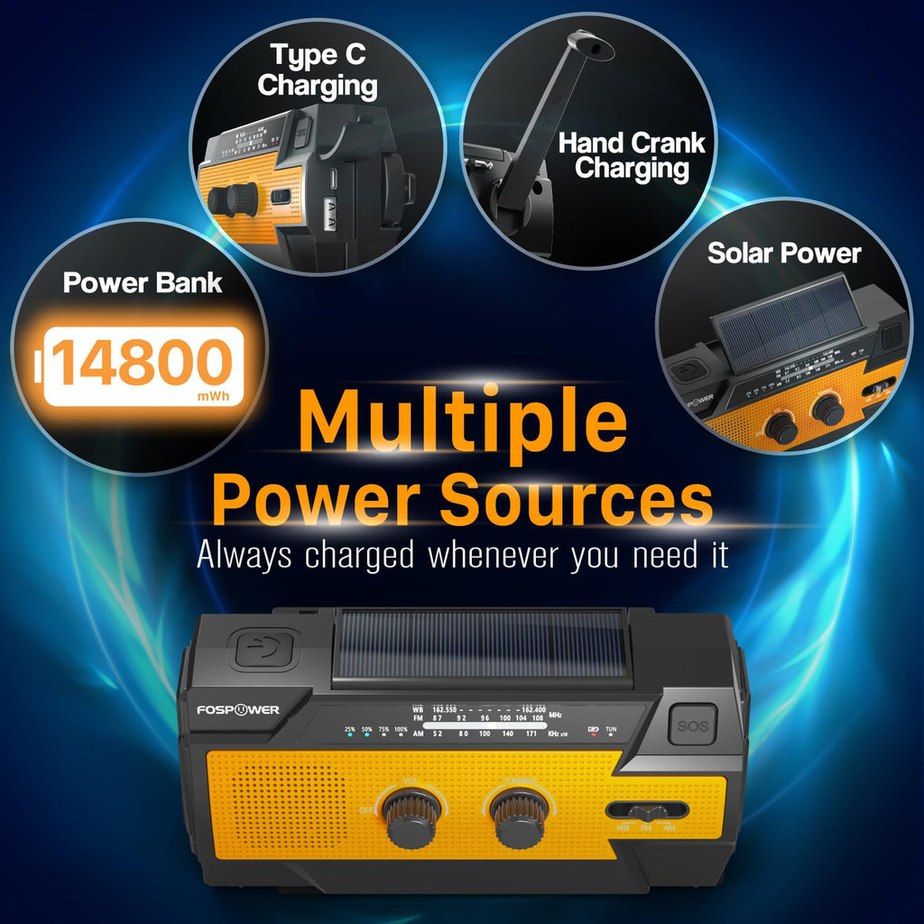 FosPower NOAA Emergency Weather Radio A1 7400mWh Solar Hand Crank (Orange)