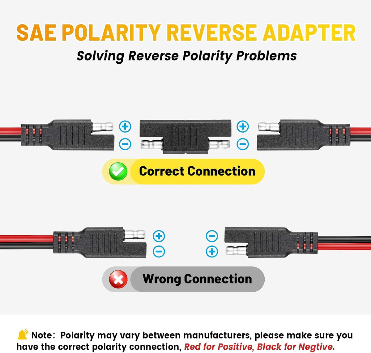 25FT Battery Charger SAE Extension Cable 16AWG, 2 Pin SAE Quick Connector for Solar Panel,Automotive,Charging, Trolling Motor with Reversing Adapter