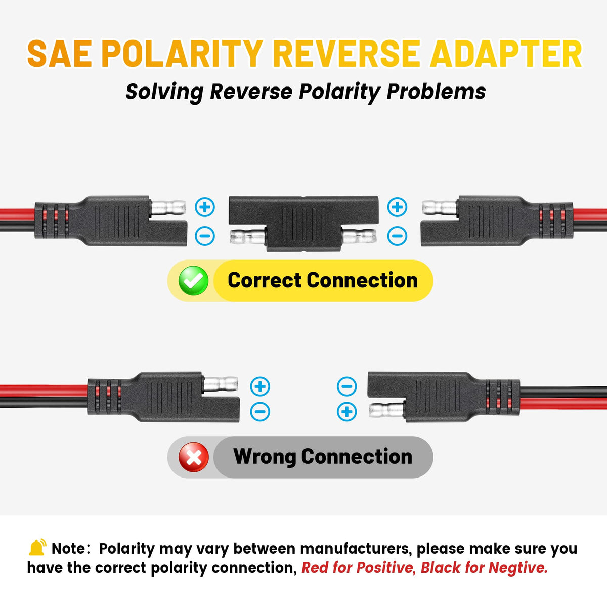 25FT Battery Charger SAE Extension Cable 16AWG, 2 Pin SAE Quick Connector for Solar Panel,Automotive,Charging, Trolling Motor with Reversing Adapter