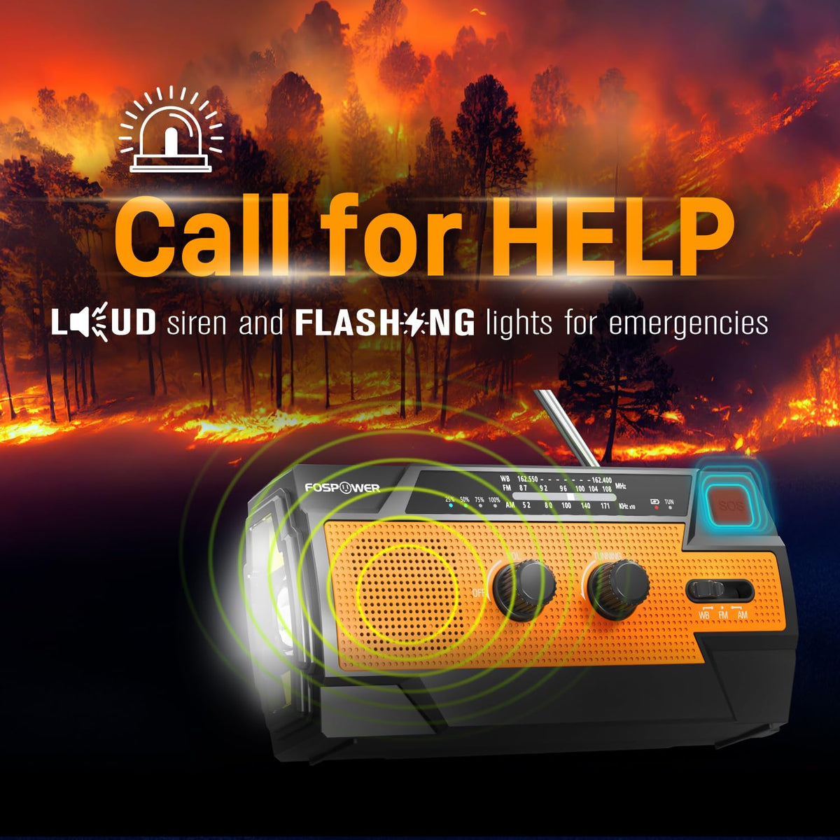 FosPower NOAA Emergency Weather Radio A1 7400mWh Solar Hand Crank (Orange)