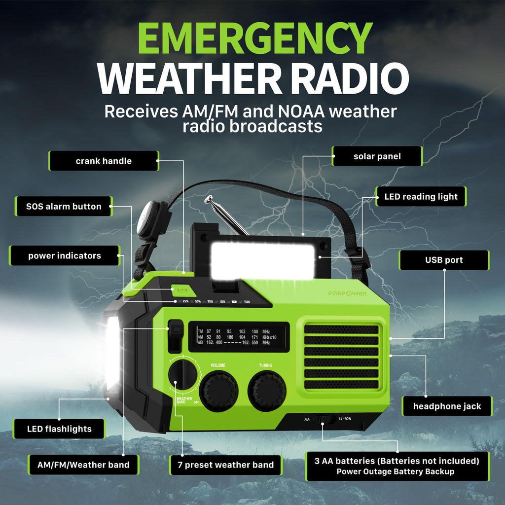 FosPower NOAA Emergency Weather Radio A1 7400mWh Solar Hand Crank (Orange)