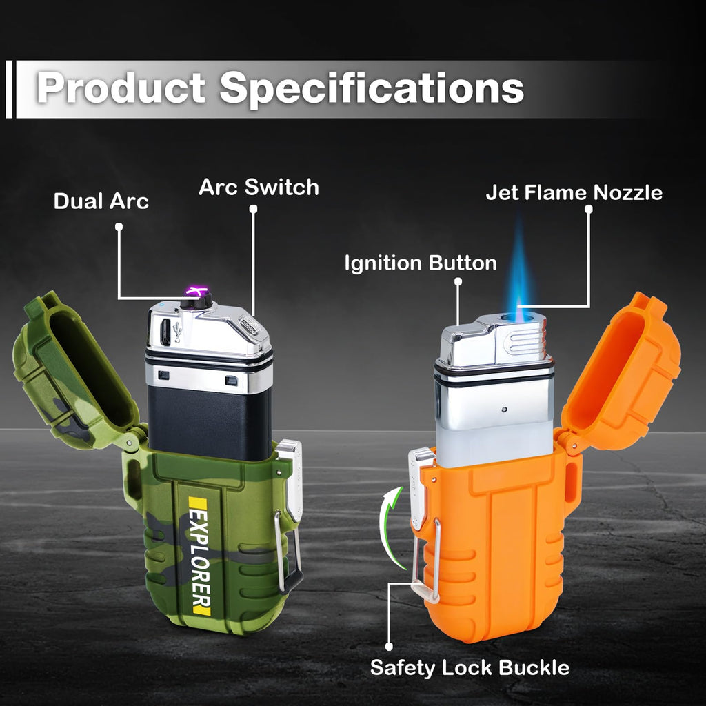 2 Pack Waterproof Lighter Outdoor Windproof Torch Lighters Dual Arc Butane Electric Lighters USB Rechargeable Lighters Flameless Plasma Lighter Camping Hiking Adventure Survival Tactical Gear