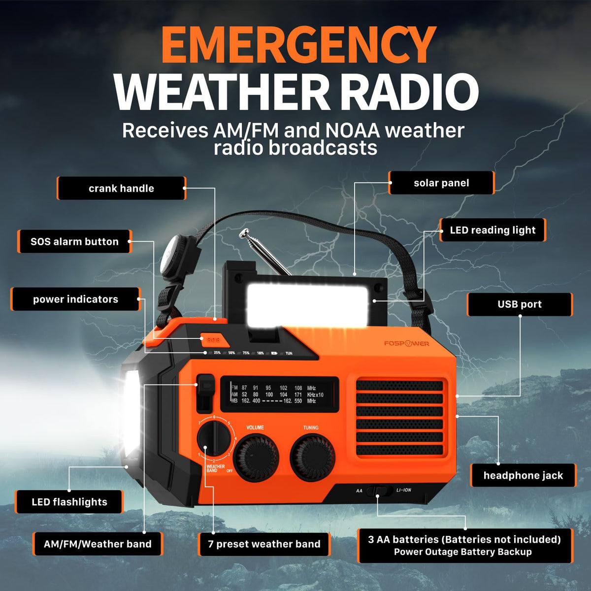 FosPower NOAA Emergency Weather Radio A1 7400mWh Solar Hand Crank (Orange)