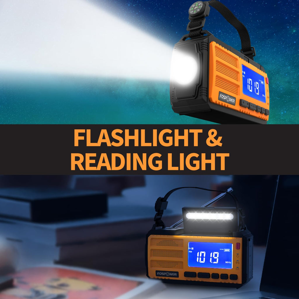 FosPower NOAA Emergency Weather Radio A1 7400mWh Solar Hand Crank (Orange)