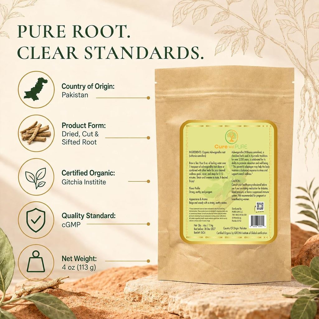 Cure wid Pure Organic Ashwagandha Root 4oz Cut & Sifted Ashwagandha Tea