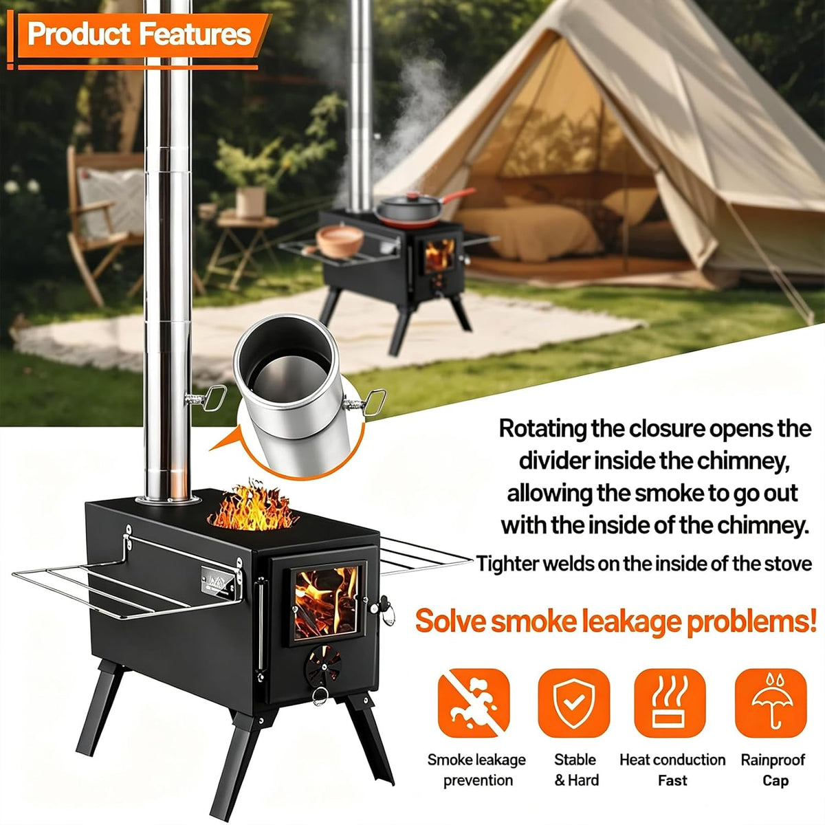Hot Tent Stove,AVOFOREST Wood Burning Stove,Small Wood Stove with 7 Stainless Chimney Pipes for Outdoor Heating & Cooking, Ice Fishing, Hunting